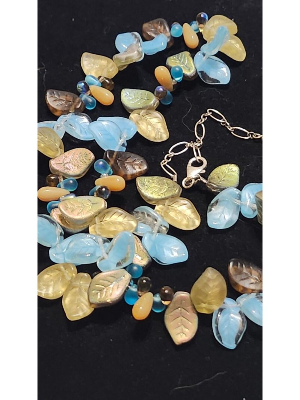 Handcrafted Blue Acrylic Leaves Bead Necklace Brown & Gold Tones Accents Hippie - Picture 4 of 4
